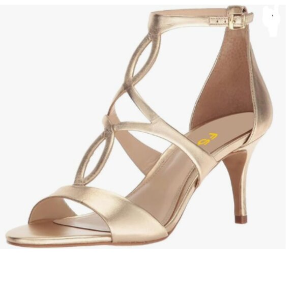 FSJ Gold Strappy Ankle Strap Sandals Open Toe Mid Heel Caged Cutout T-Strap Shoe - Picture 1 of 8